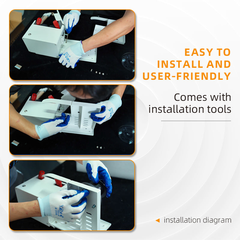Wire feeder Installation process with hands wearing gloves and text indicating ease of installation and user-friendliness.