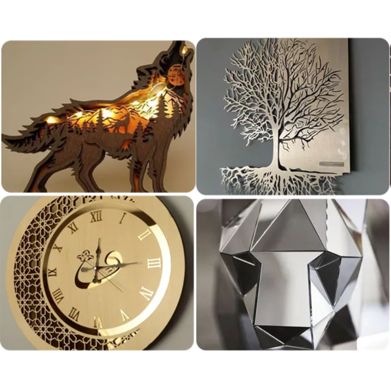 Collage of decorative items including a wolf sculpture, tree design, clock, and geometric object.