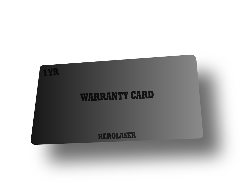 Black warranty card with '1 YR' and 'HEROLASER' text on a white background