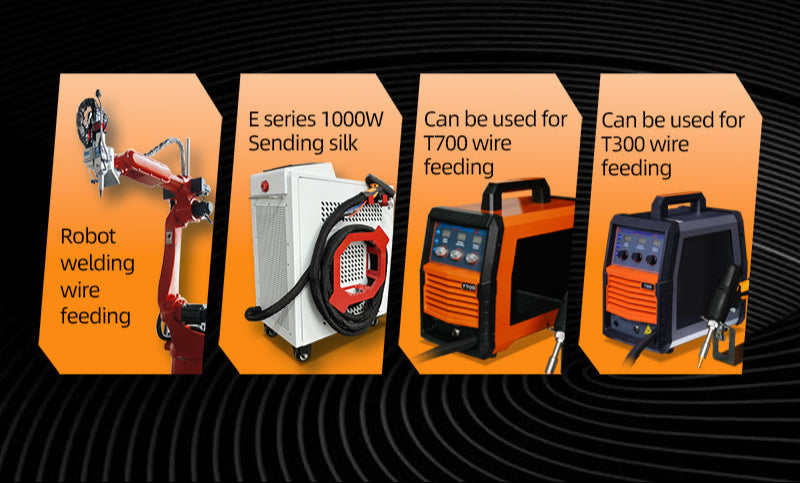 Promotional graphic of welding equipment with text on an orange background